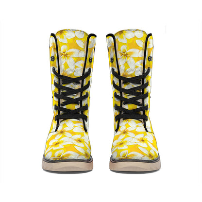 White And Yellow Plumeria Pattern Print Winter Boots