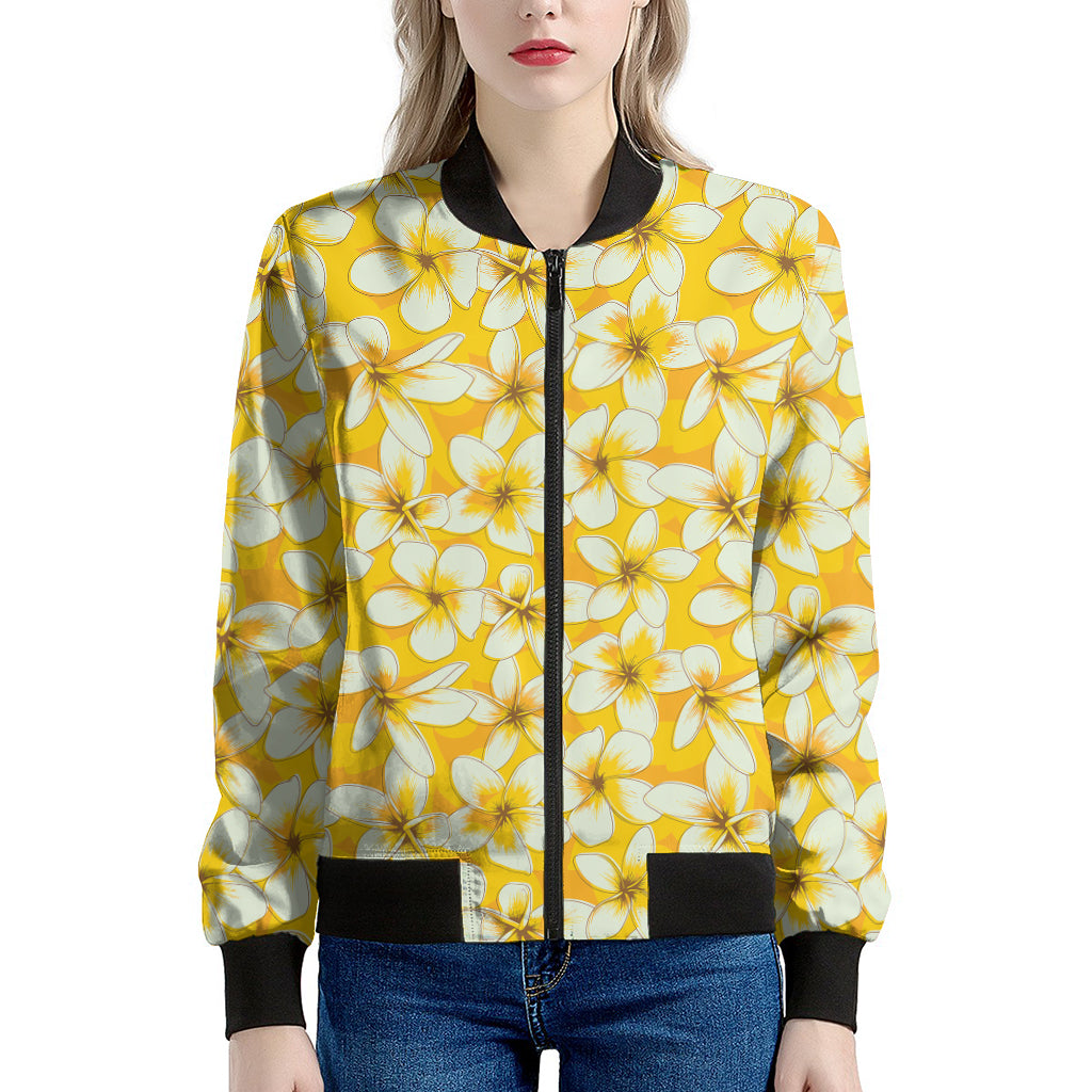 White And Yellow Plumeria Pattern Print Women's Bomber Jacket