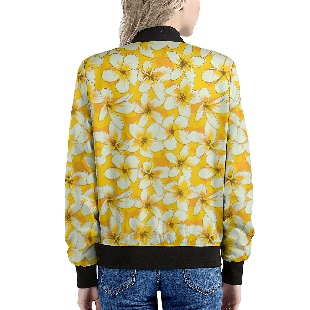 White And Yellow Plumeria Pattern Print Women's Bomber Jacket