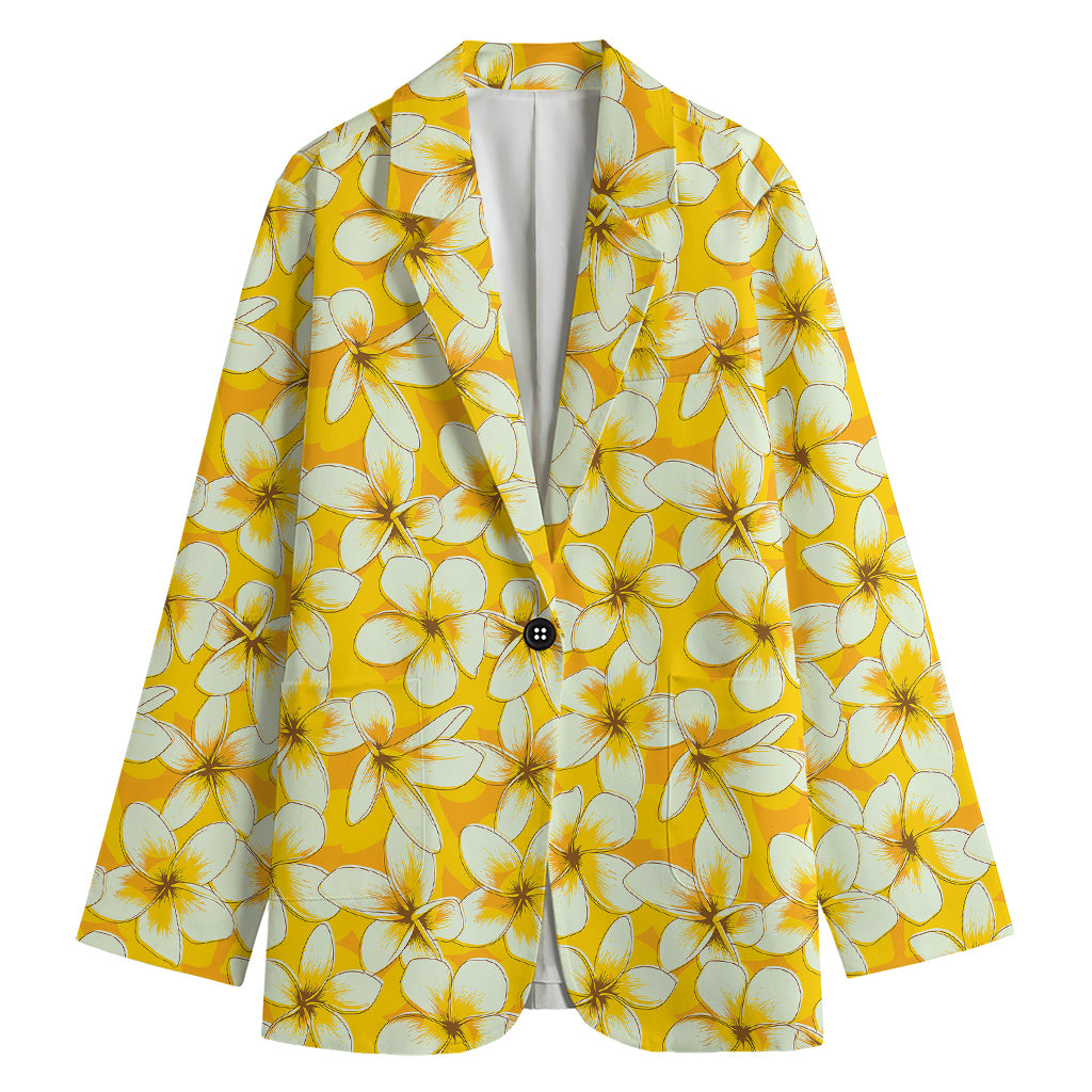 White And Yellow Plumeria Pattern Print Women's Cotton Blazer