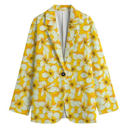 White And Yellow Plumeria Pattern Print Women's Cotton Blazer