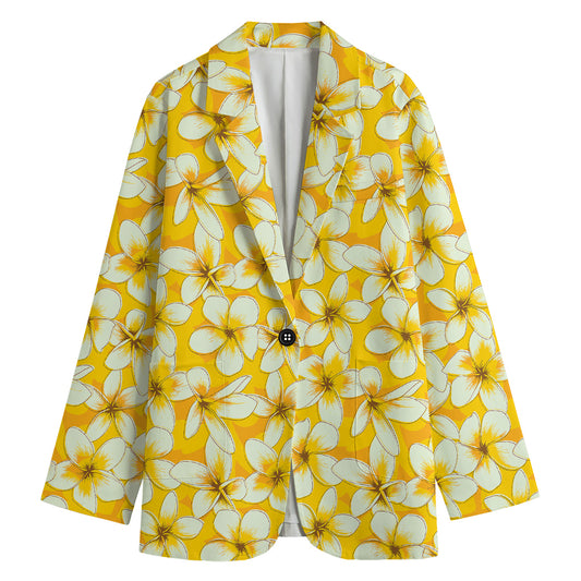White And Yellow Plumeria Pattern Print Women's Cotton Blazer