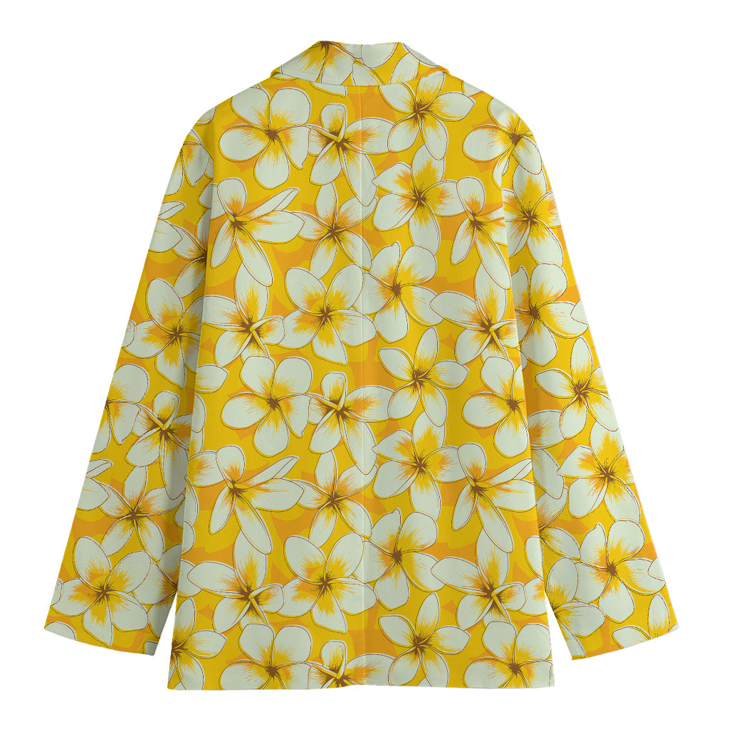 White And Yellow Plumeria Pattern Print Women's Cotton Blazer