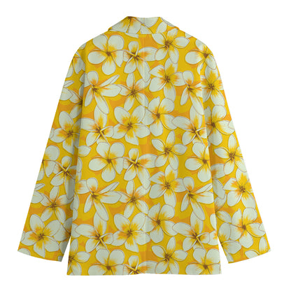 White And Yellow Plumeria Pattern Print Women's Cotton Blazer