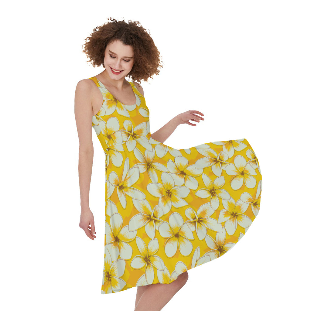 White And Yellow Plumeria Pattern Print Women's Sleeveless Dress