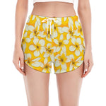 White And Yellow Plumeria Pattern Print Women's Split Running Shorts