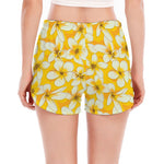 White And Yellow Plumeria Pattern Print Women's Split Running Shorts