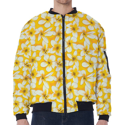 White And Yellow Plumeria Pattern Print Zip Sleeve Bomber Jacket