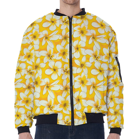 White And Yellow Plumeria Pattern Print Zip Sleeve Bomber Jacket