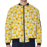 White And Yellow Plumeria Pattern Print Zip Sleeve Bomber Jacket