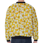White And Yellow Plumeria Pattern Print Zip Sleeve Bomber Jacket