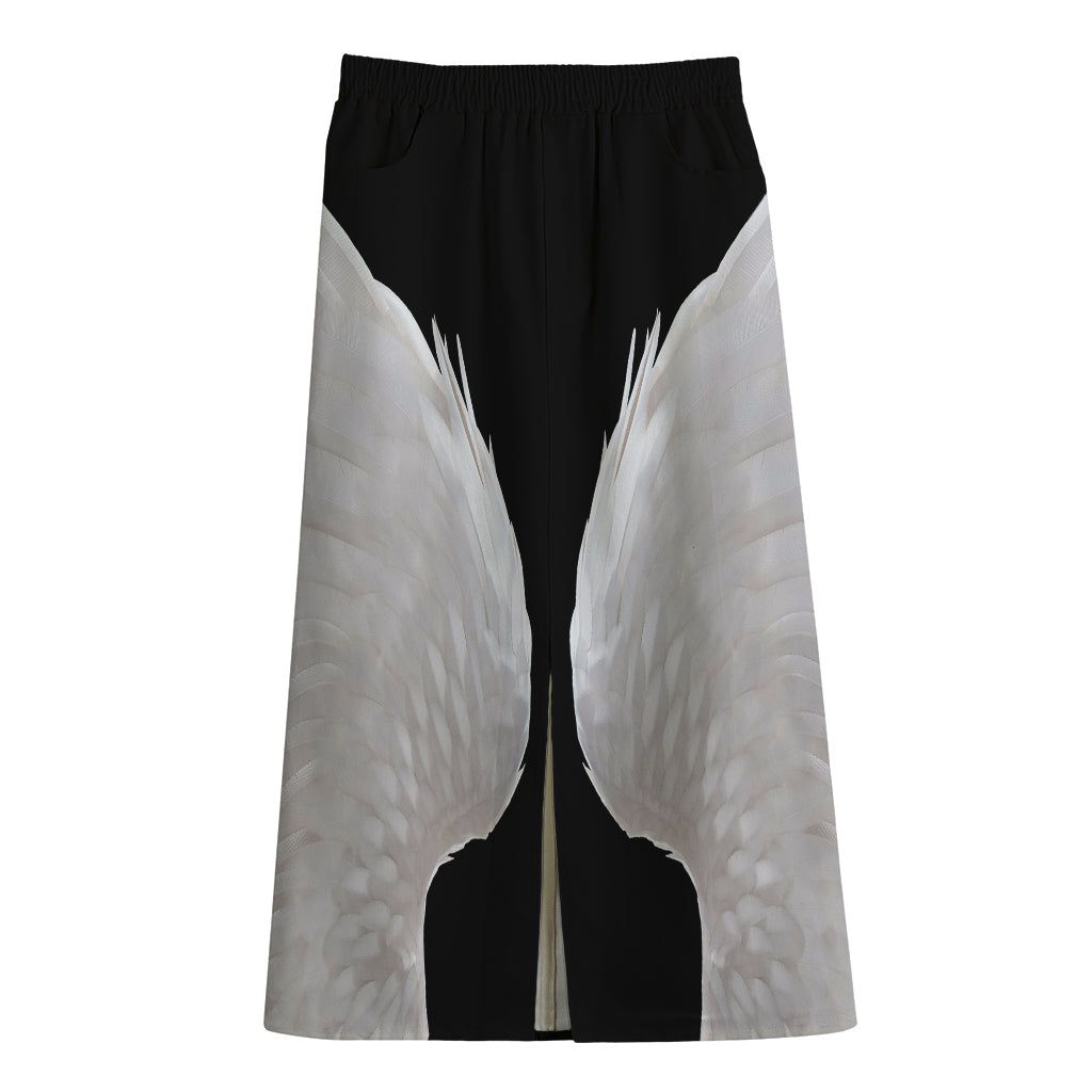 White Angel Wings Print Cotton Front Slit Maxi Skirt