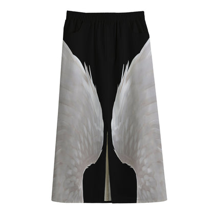 White Angel Wings Print Cotton Front Slit Maxi Skirt