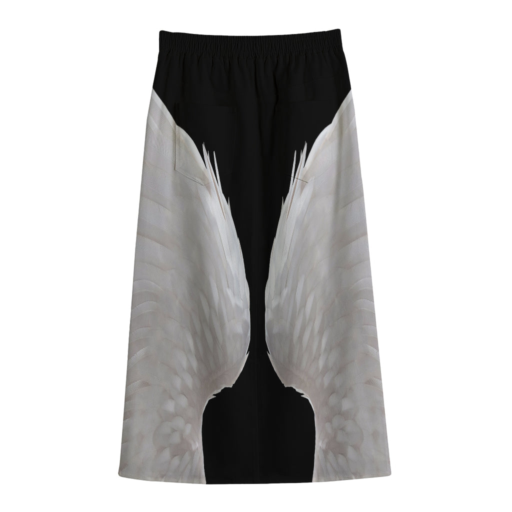 White Angel Wings Print Cotton Front Slit Maxi Skirt