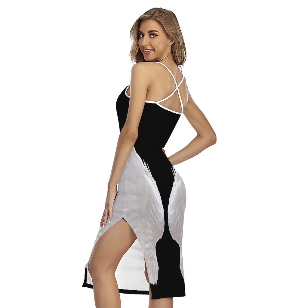 White Angel Wings Print Cross Back Cami Dress