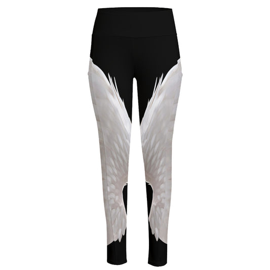 White Angel Wings Print High-Waisted Pocket Leggings