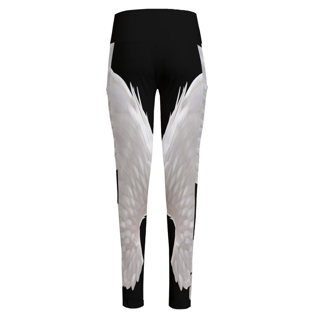 White Angel Wings Print High-Waisted Pocket Leggings
