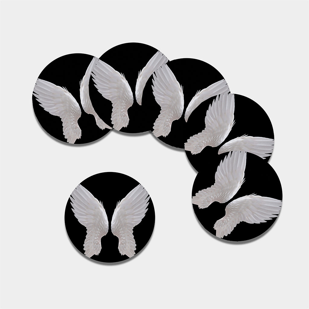 White Angel Wings Print Leather Coaster Set
