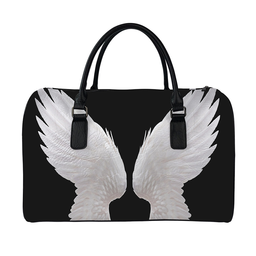 White Angel Wings Print Leather Duffle Bag