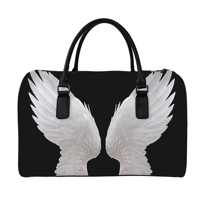 White Angel Wings Print Leather Duffle Bag