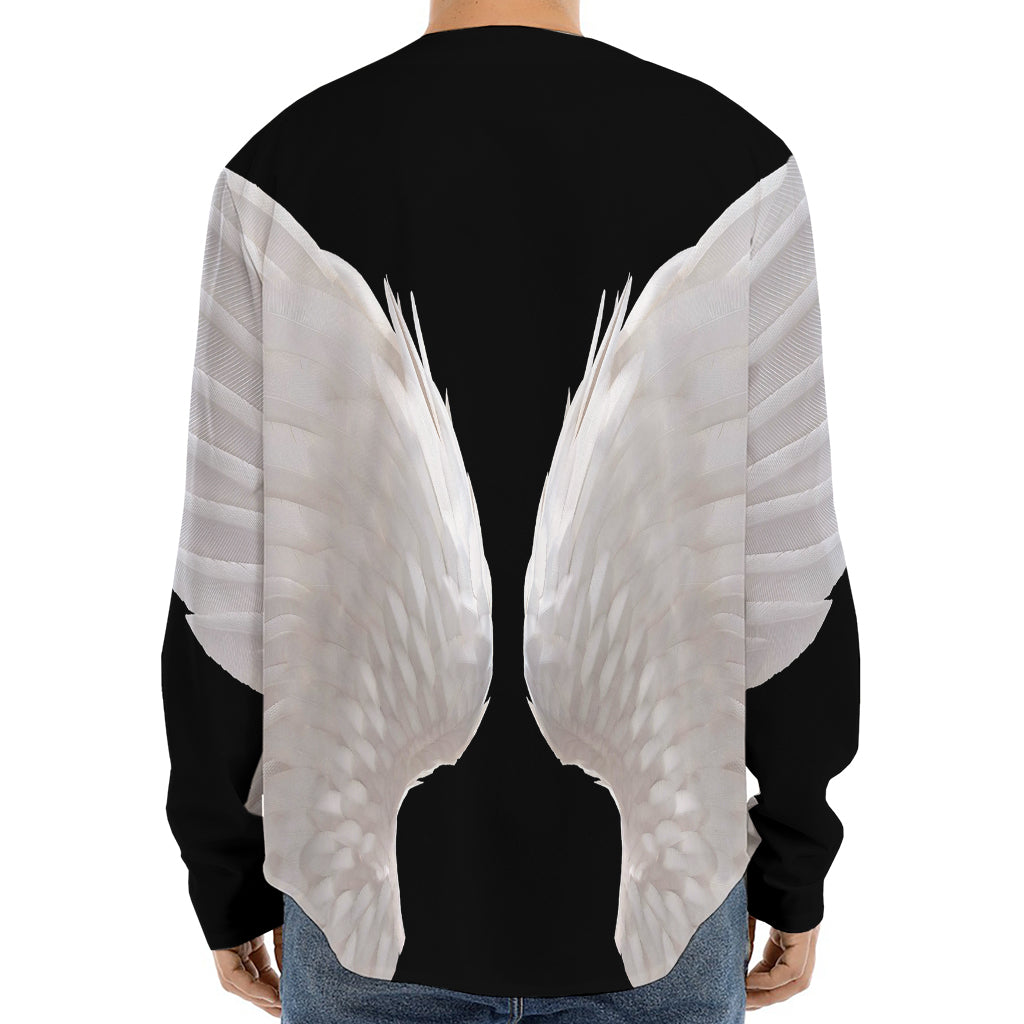 White Angel Wings Print Long Sleeve Baseball Jersey