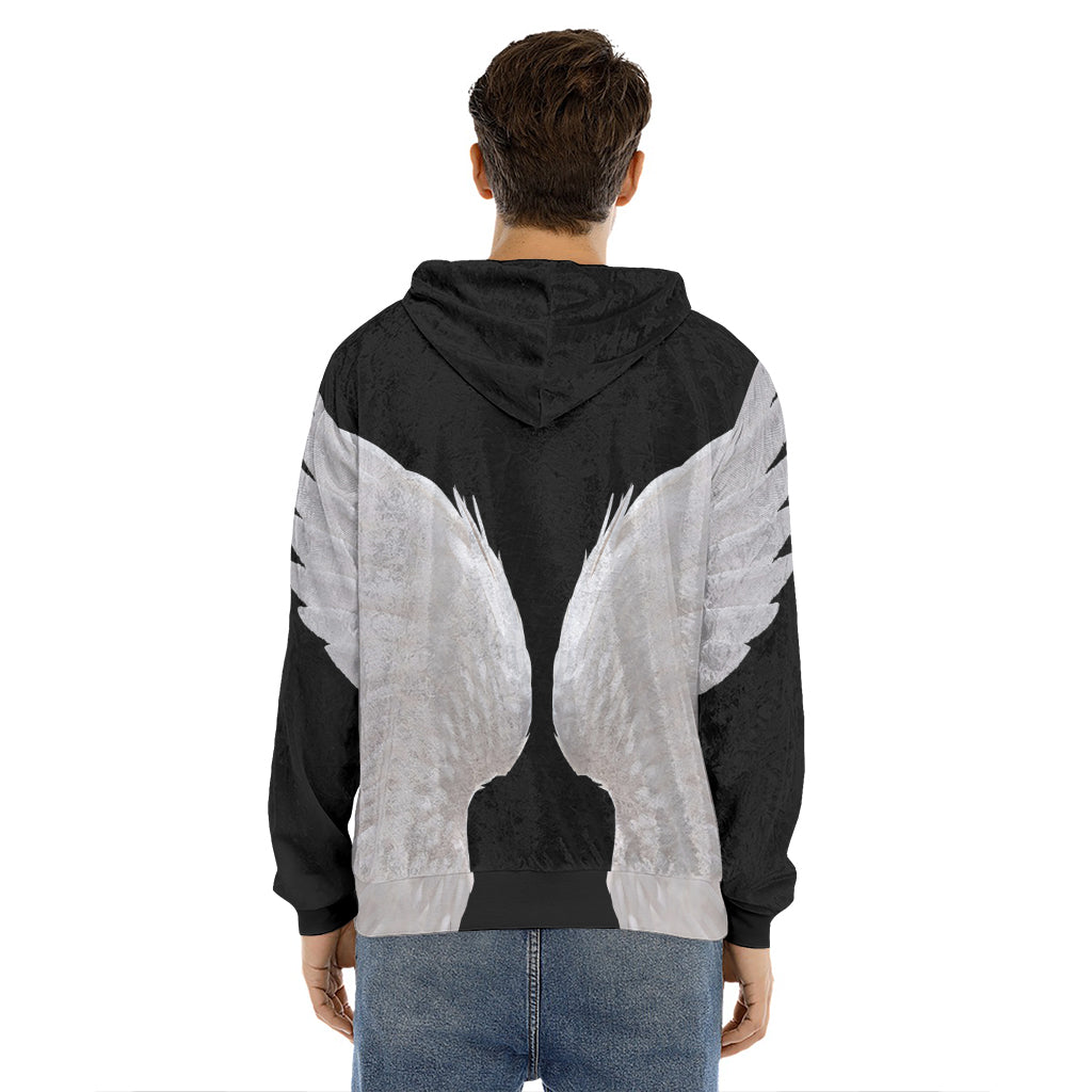 White Angel Wings Print Men's Velvet Pullover Hoodie