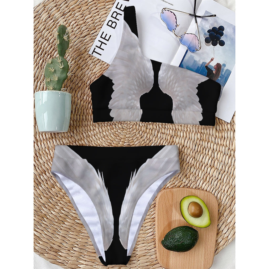 White Angel Wings Print One Shoulder Bikini Top
