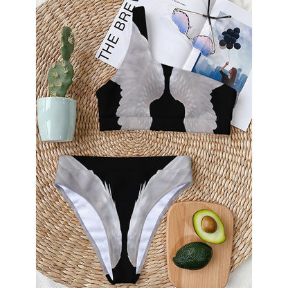 White Angel Wings Print One Shoulder Bikini Top