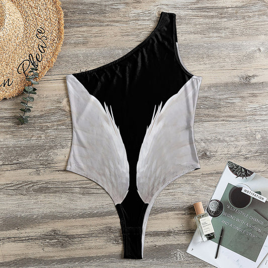 White Angel Wings Print One Shoulder Bodysuit