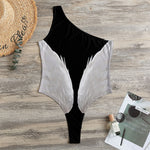 White Angel Wings Print One Shoulder Bodysuit