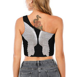 White Angel Wings Print One Shoulder Crop Top