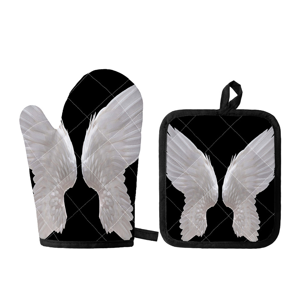 White Angel Wings Print Oven Mitt And Pot Holder Set