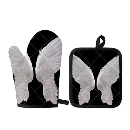 White Angel Wings Print Oven Mitt And Pot Holder Set