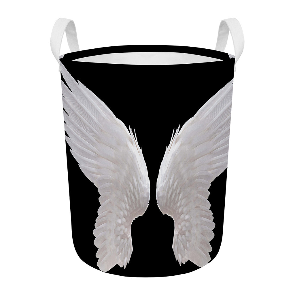 White Angel Wings Print Round Laundry Basket