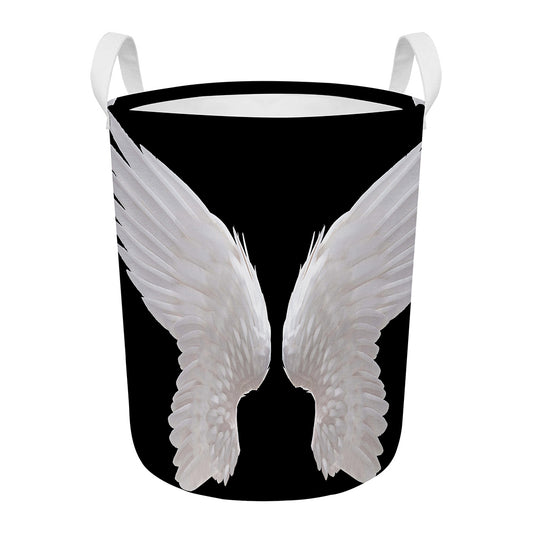 White Angel Wings Print Round Laundry Basket