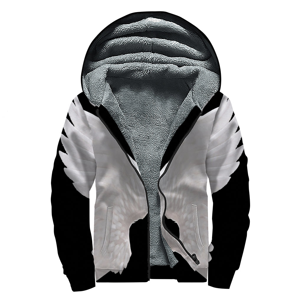 White Angel Wings Print Sherpa Lined Zip Up Hoodie
