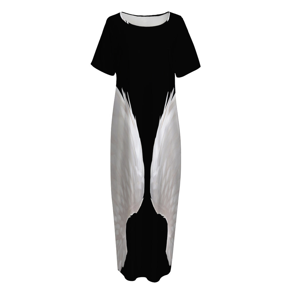 White Angel Wings Print Short Sleeve Long Nightdress
