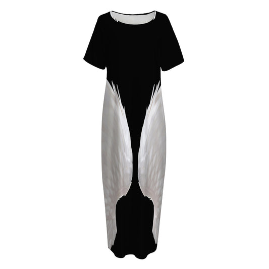 White Angel Wings Print Short Sleeve Long Nightdress