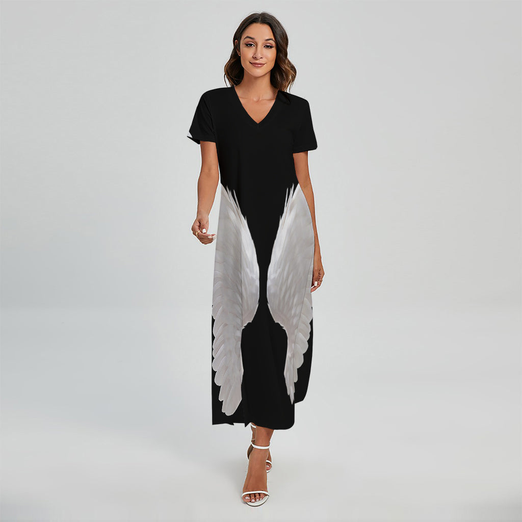 White Angel Wings Print Short Sleeve Maxi Dress