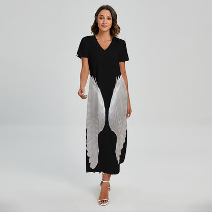 White Angel Wings Print Short Sleeve Maxi Dress