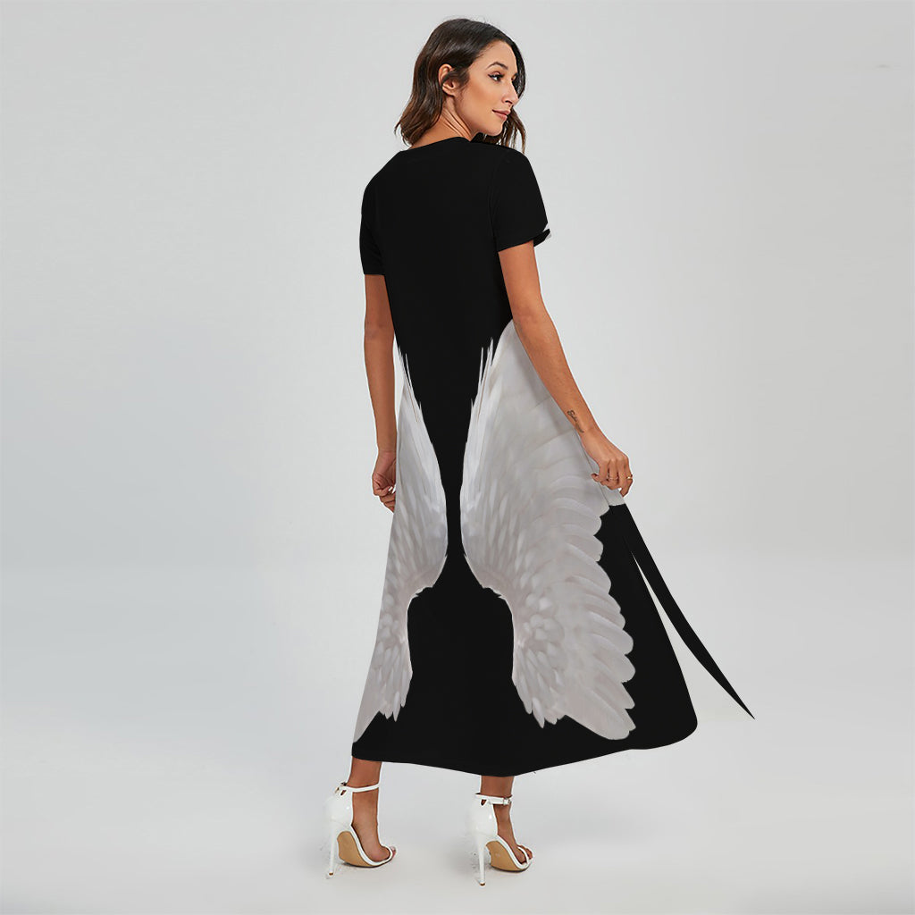 White Angel Wings Print Short Sleeve Maxi Dress