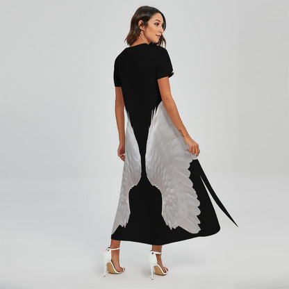 White Angel Wings Print Short Sleeve Maxi Dress