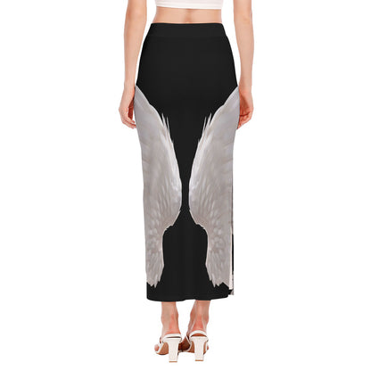 White Angel Wings Print Side Slit Maxi Skirt