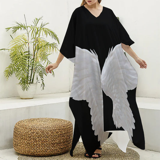 White Angel Wings Print Silk V-Neck Kaftan Dress