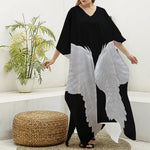 White Angel Wings Print Silk V-Neck Kaftan Dress