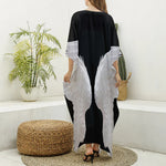 White Angel Wings Print Silk V-Neck Kaftan Dress