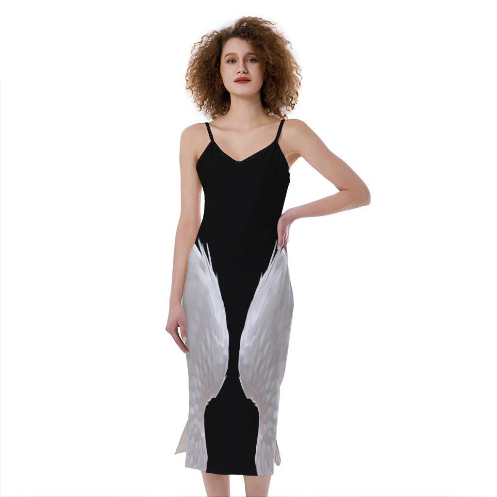 White Angel Wings Print Slim Fit Midi Cami Dress