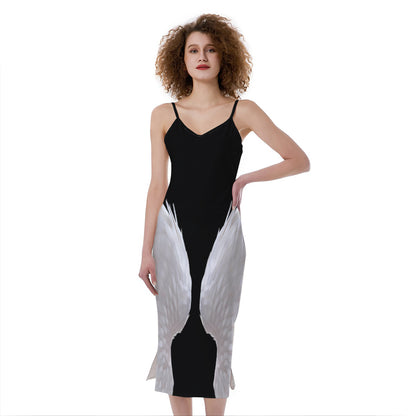 White Angel Wings Print Slim Fit Midi Cami Dress