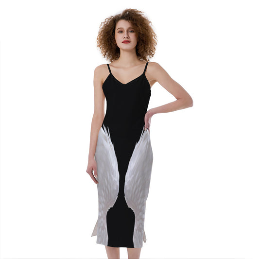 White Angel Wings Print Slim Fit Midi Cami Dress