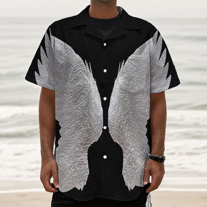White Angel Wings Print Textured Short Sleeve Shirt